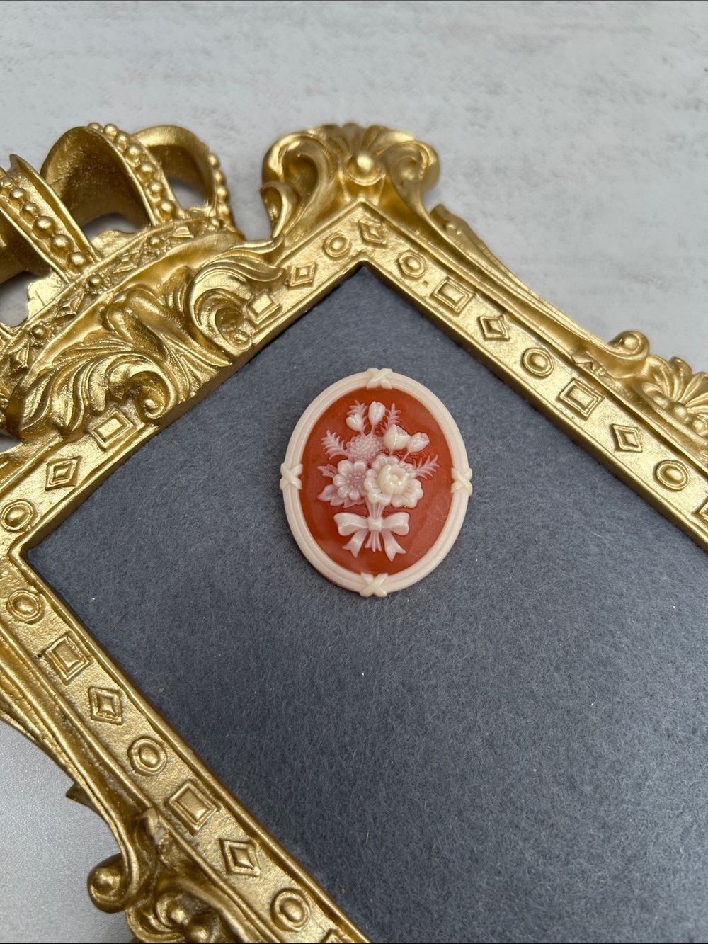 Vintage Avon Victorian Floral Cameo Brooch in Coral and Ivory
